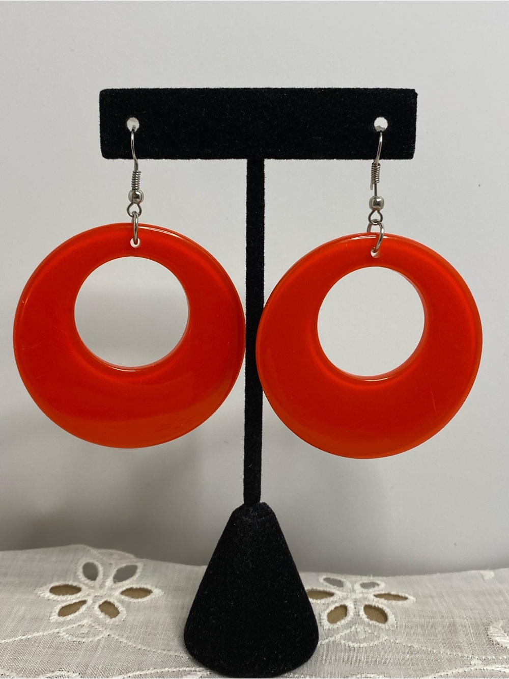 Vintage Red Lucite Hoop Dangle Earrings Retro Disco Statement Earrings